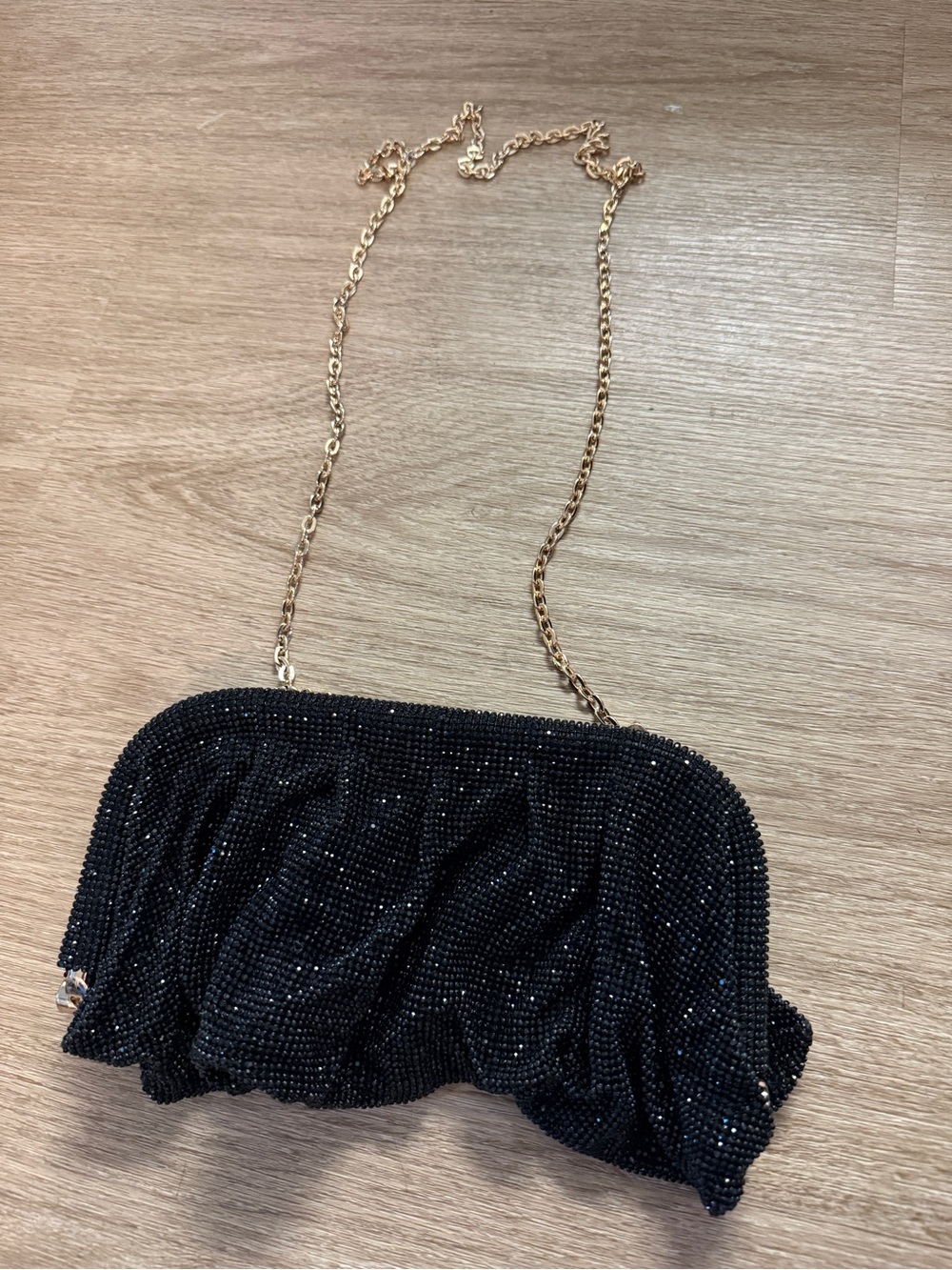 Never used Anthropologie Black Beaded Clutch Bag with Gold Chain Strap